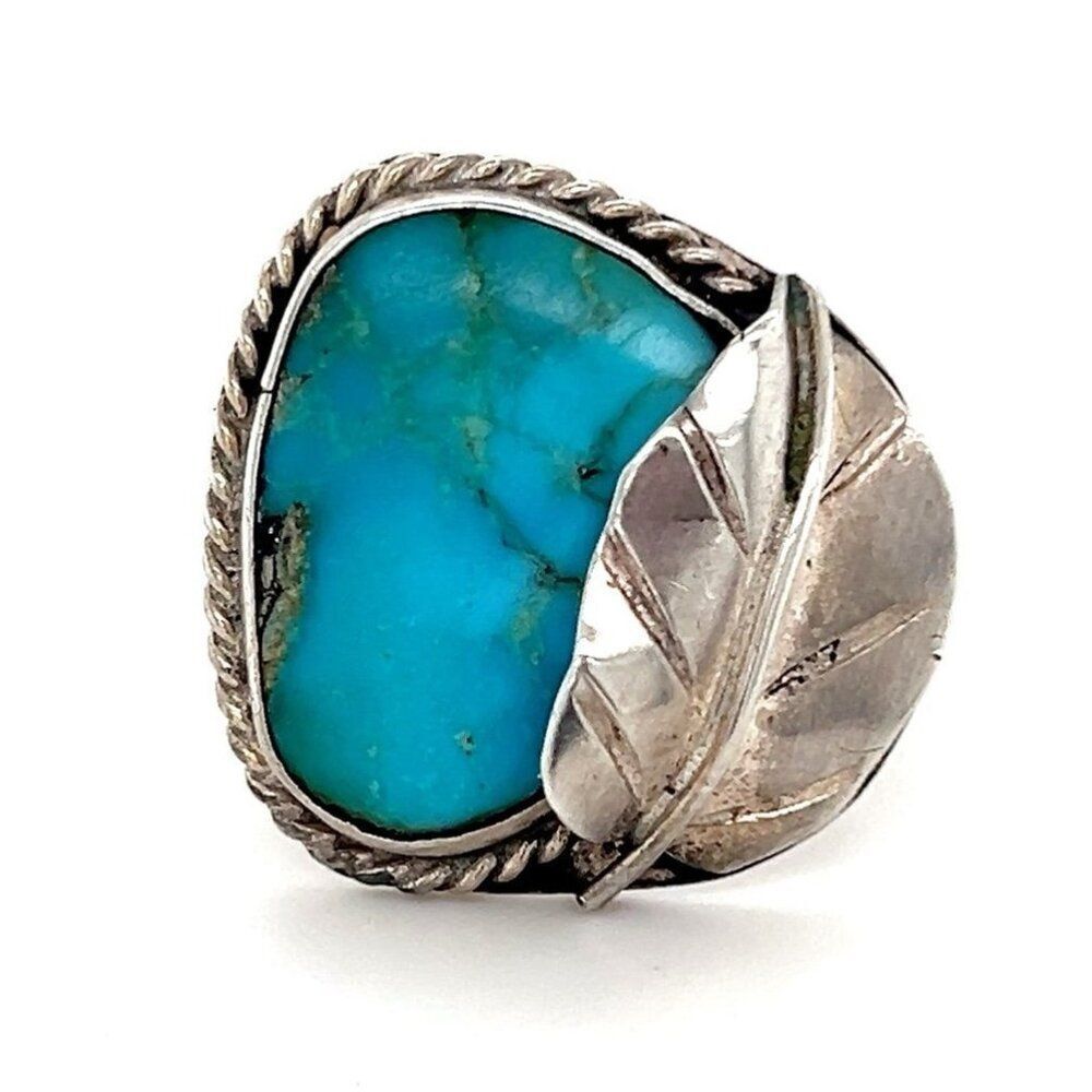 Ladies Antique Silver Turquoise Leaf Ring